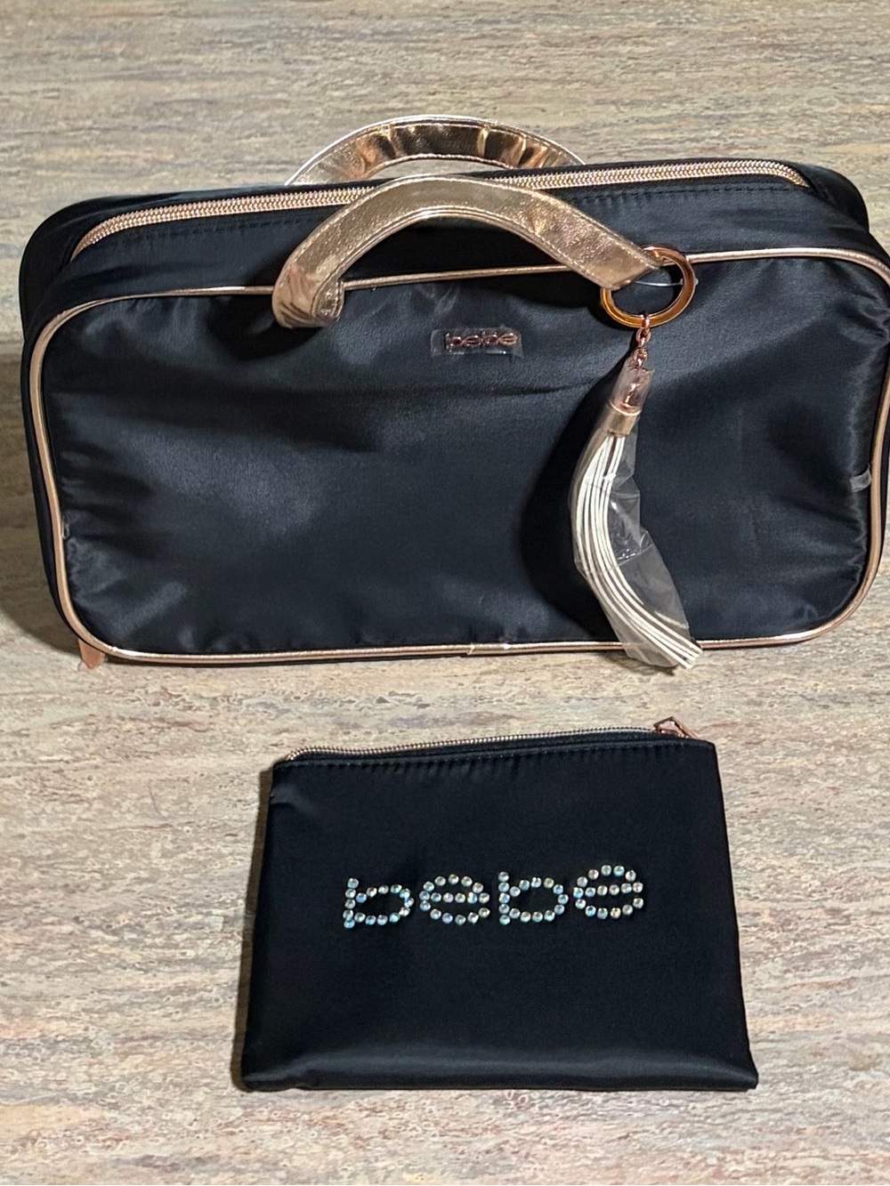 Bebe Black Cosmetic Pouch Set with Tassel Keychain